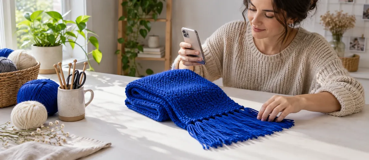 Mavi örgü atkıyı telefonla çekmek için masaya yerleştiren üretici.