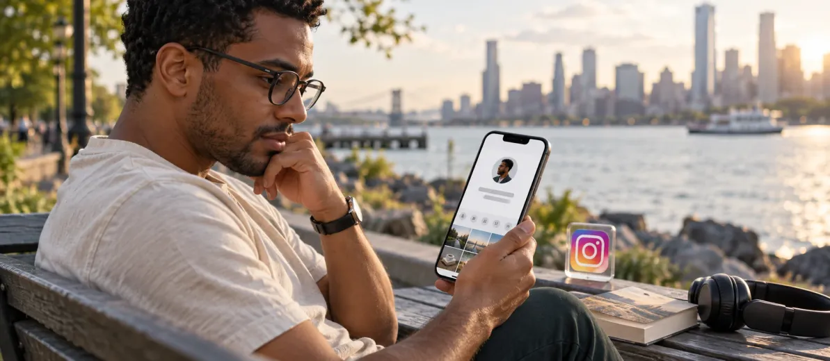 Sahil bankında kişisel profilini düzenleyen kişi; yanında kitap, kulaklık ve Instagram simgesi.