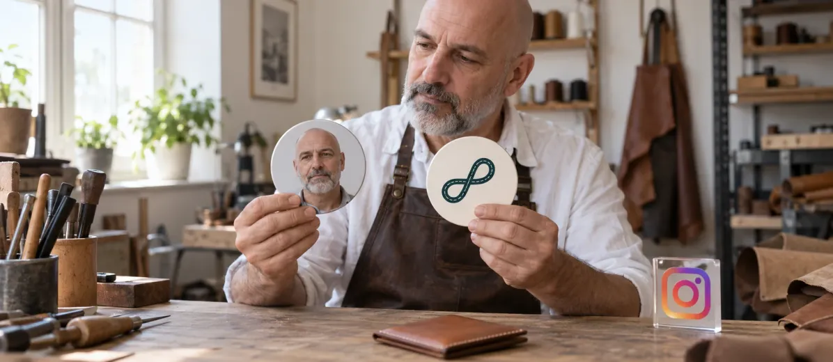 Deri atölyesinde kendi portresini ve sade logo seçeneğini yan yana inceleyen üretici.