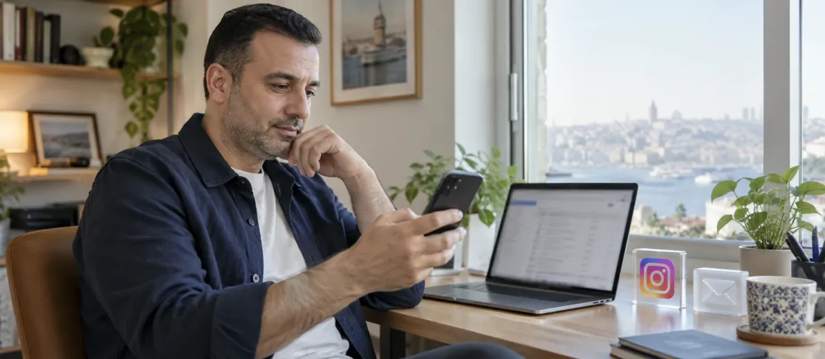 Telefonunu ve dizüstü bilgisayarındaki e-posta kutusunu kontrol eden kullanıcı