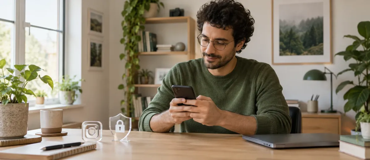 Telefonunda hesap güvenliğini kontrol eden kullanıcı ve masadaki kalkan simgesi