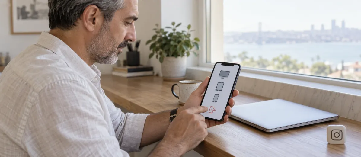 Telefonundaki bağlı cihazları inceleyen kişi ve yanında Instagram simgesi.