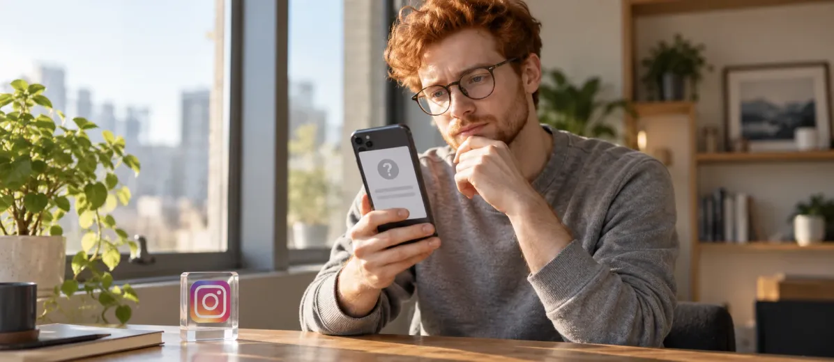 Telefonunda hesap erişimi sorununu inceleyen gözlüklü kişi ve Instagram simgesi.