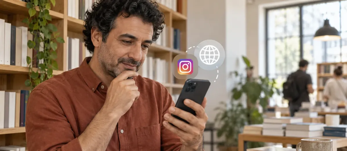 Kitapçıda telefonundaki dil tercihini inceleyen kişi, Instagram ve dünya simgeleri.