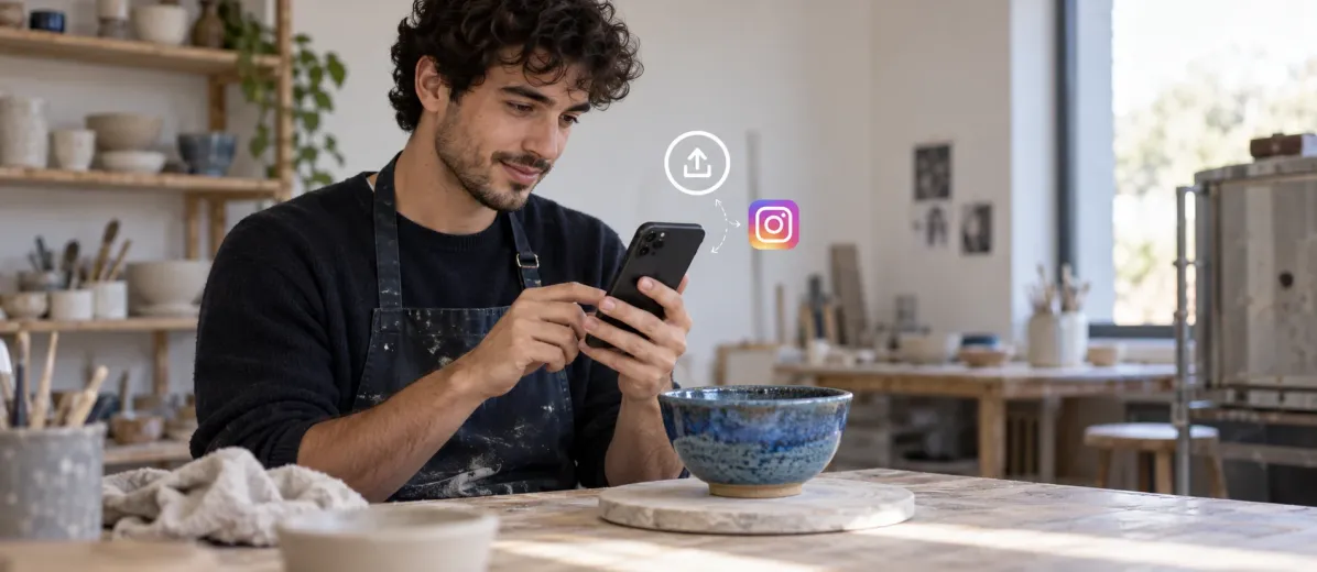 Atölyesinde seramik ürününün fotoğrafını telefondan paylaşan üretici.