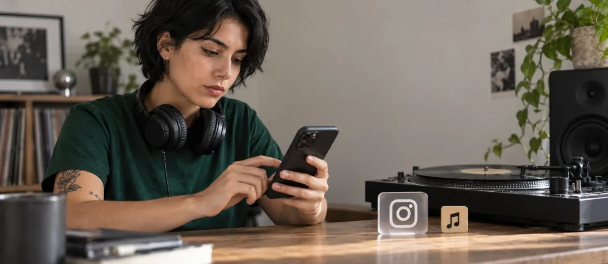 Telefonunu inceleyen müzik üreticisi; yanında nota ve Instagram simgeleri.