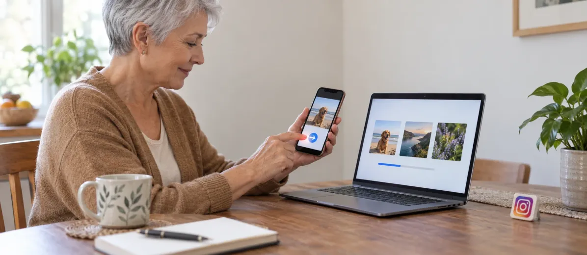 Telefondaki görselleri bilgisayarda saklayan kadın ve Instagram simgesi.
