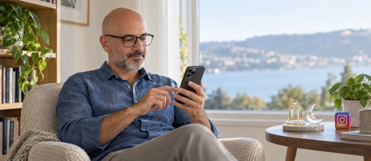 Pencere yanındaki koltukta telefonunu inceleyen kişi ve masadaki Instagram simgesi.