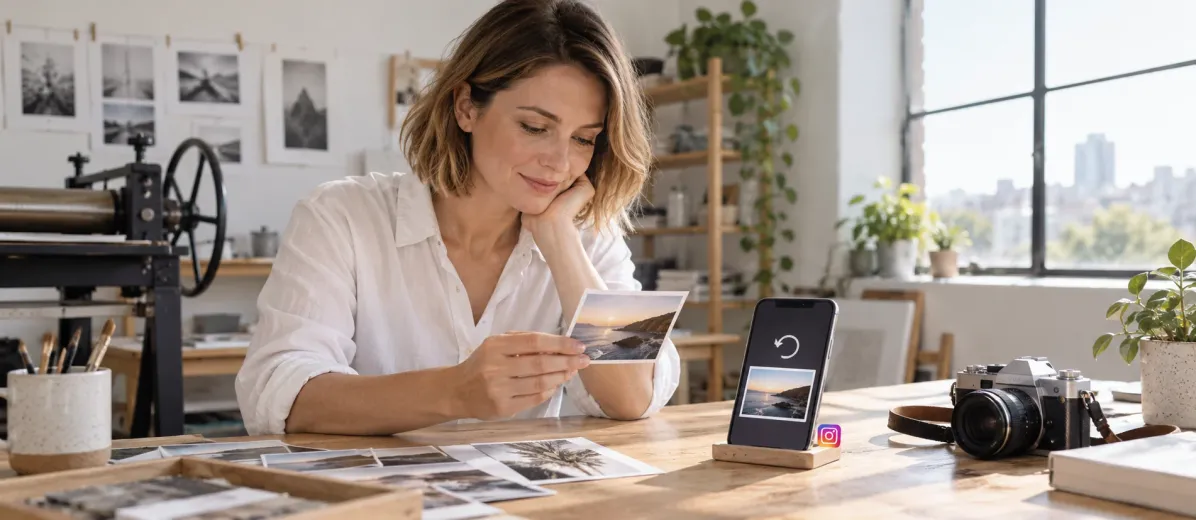 Telefon ve fotoğraf baskısını inceleyen kadın; geri yükleme oku ve Instagram simgesi.