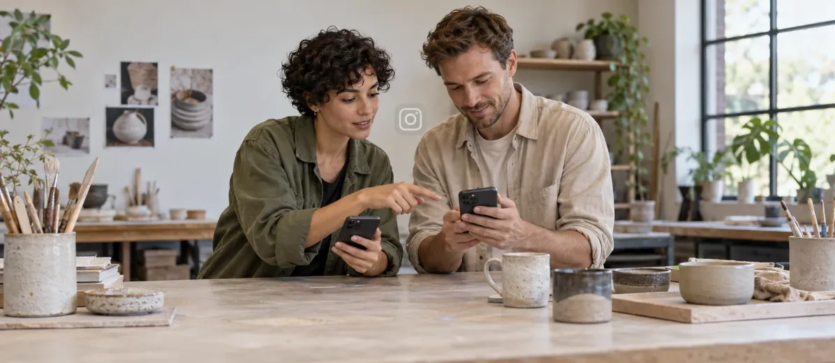 Bir ürün fotoğrafını ayrı telefonlardan inceleyen iki yaratıcı çalışma arkadaşı.
