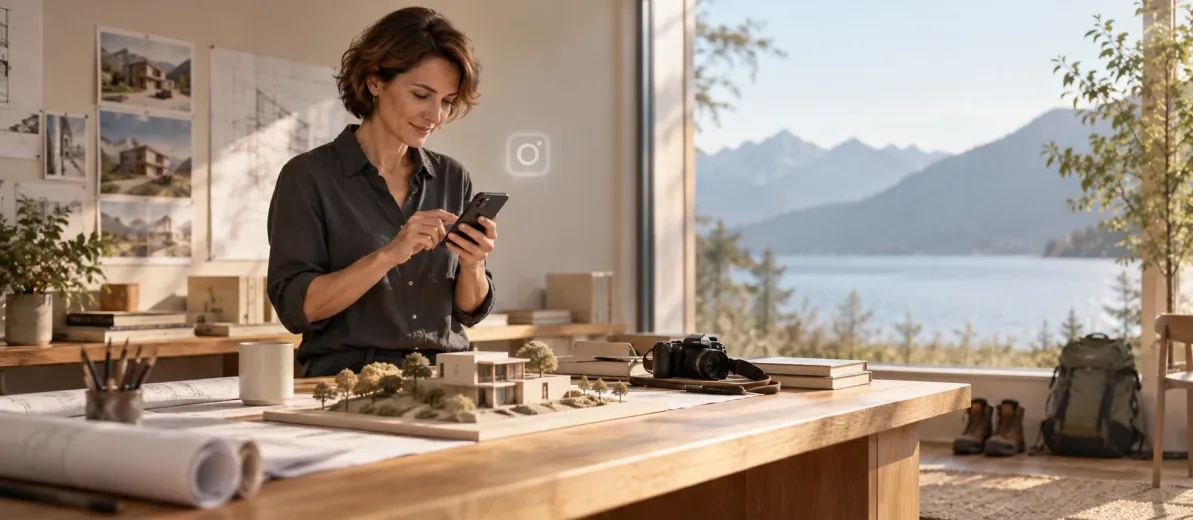 Mimari maketi ve gezi ekipmanı bulunan çalışma alanında telefonunu inceleyen mimar.