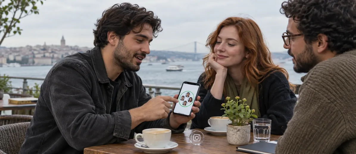 Bir kafede bir araya gelen arkadaşlar ve telefondaki seçili profil halkaları.