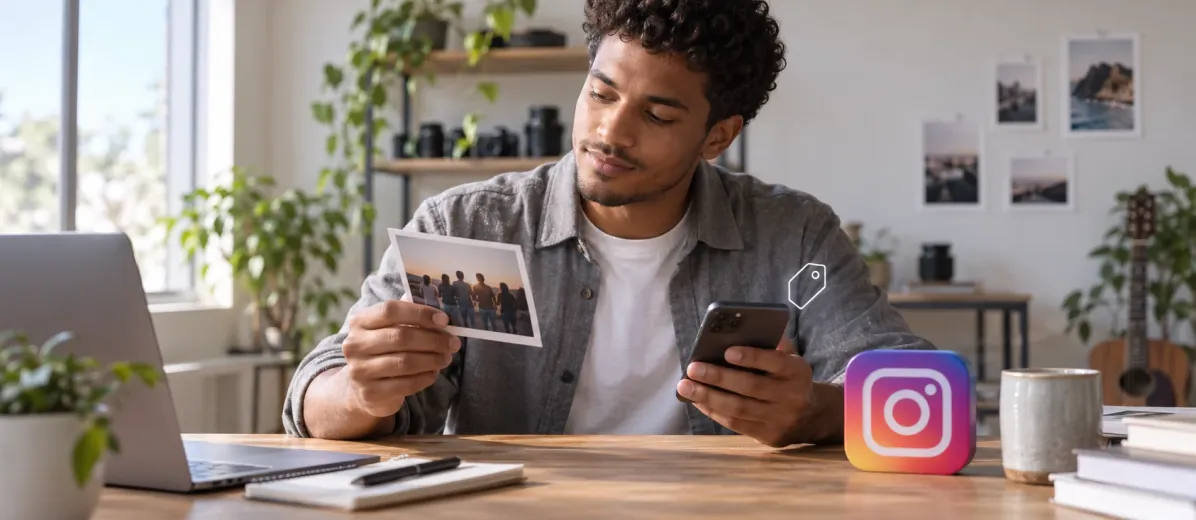 Etkinlik fotoğrafını ve telefonunu inceleyen kişi; etiket ve Instagram simgeleri.