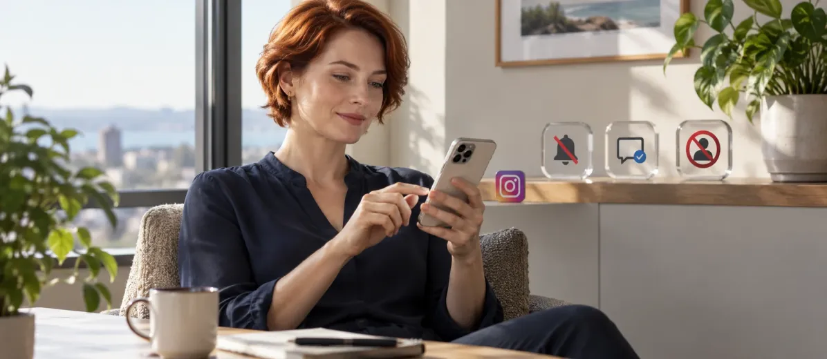 Telefonunda iletişim tercihlerini değerlendiren kadın; yanında sessize alma, kısıtlama ve engelleme simgeleri.