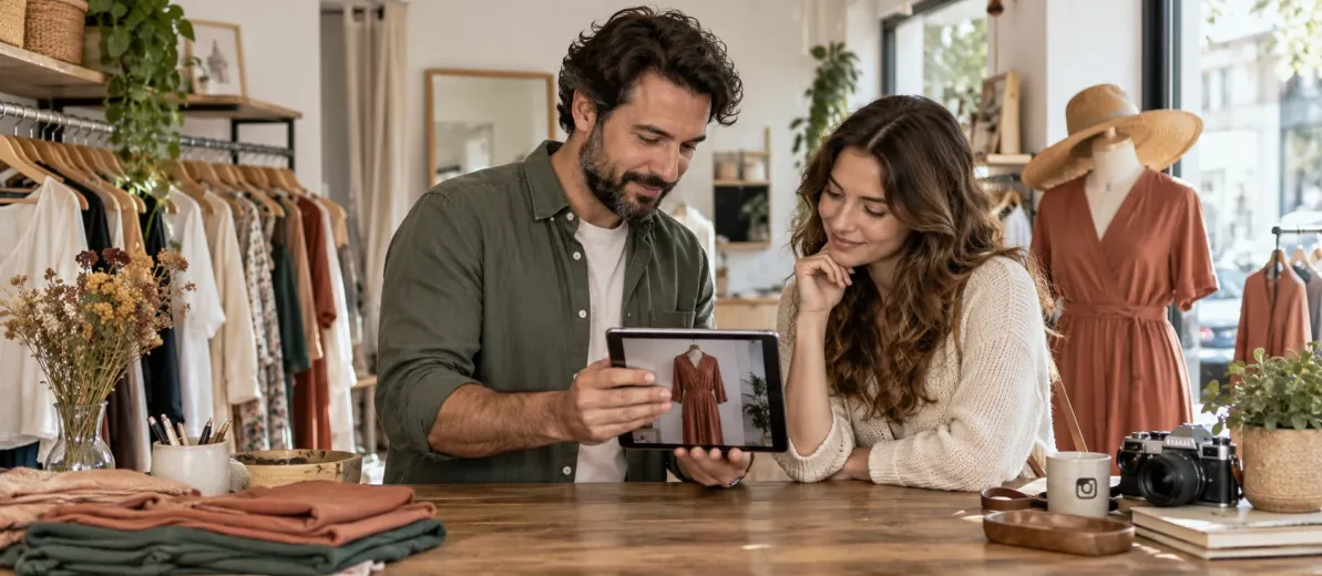 Butik sahibi ve müşteri, paylaşılacak fotoğrafı tablette birlikte inceliyor.