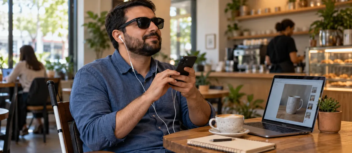 Kulaklıkla telefon kullanan kişi ve ekranda ürün fotoğrafı bulunan bilgisayar.