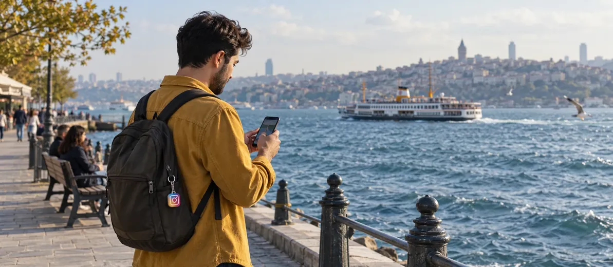 İstanbul kıyısını andıran şehir manzarasında telefonla dış mekan videosu hazırlayan içerik üreticisi