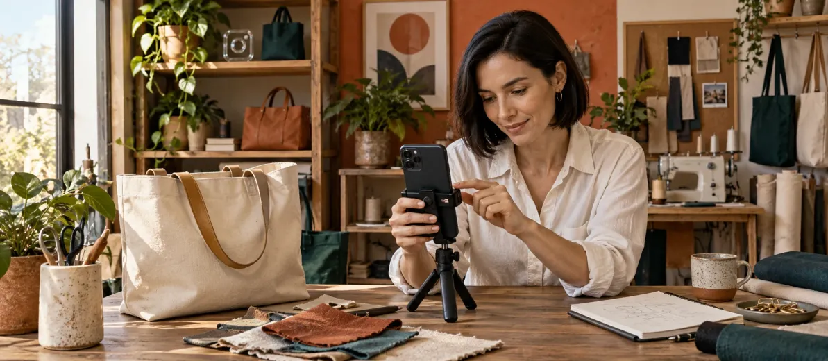 Bir bez çantanın kısa ürün videosunu telefonunda düzenleyen butik sahibi