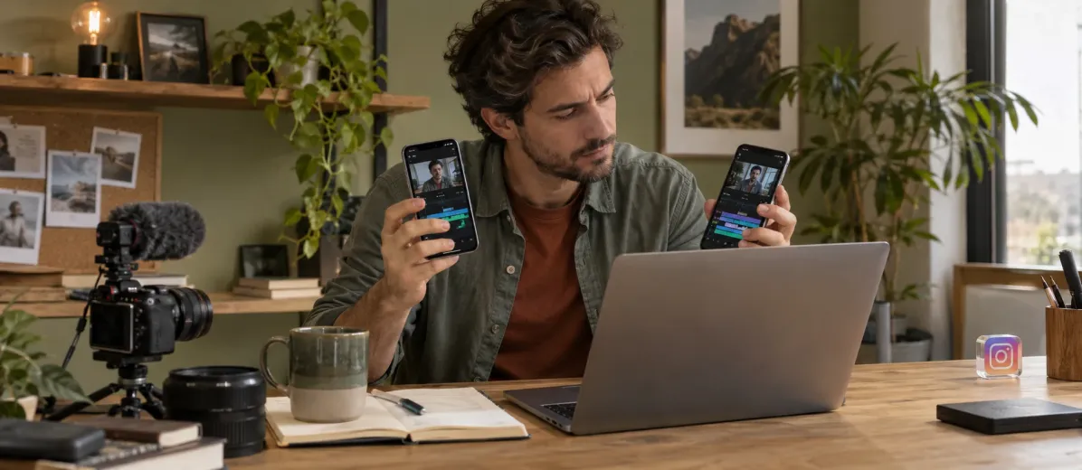 İki telefondaki kısa video düzenleme seçeneklerini inceleyen içerik üreticisi