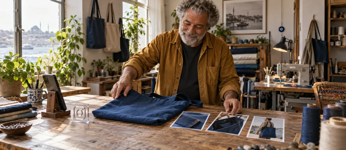 Bez çanta hikayeleri için ürün fotoğraflarını hazırlayan butik sahibi