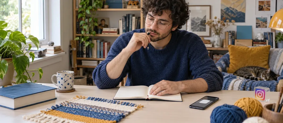 Kitap ve hobi malzemeleriyle hikaye sorusu hazırlayan içerik üreticisi