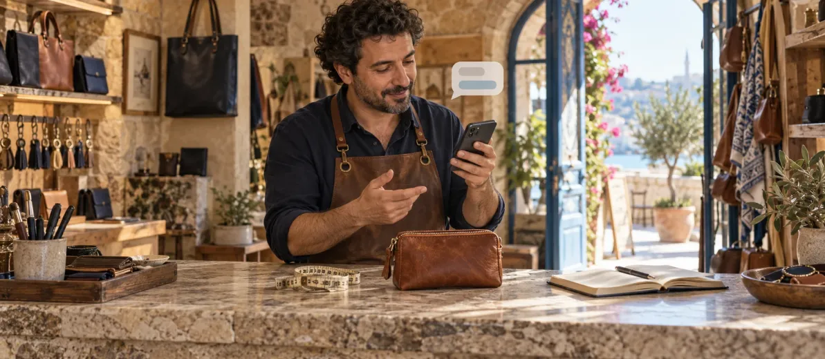 Deri aksesuar atölyesinde telefonuyla ilgilenen üretici, küçük çanta, mezura ve konuşma balonu.