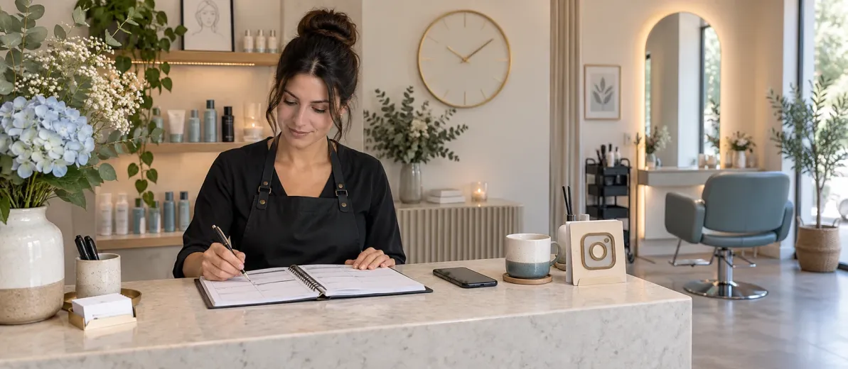 Salon resepsiyonunda randevu defterini kontrol eden kişi, telefon ve boş salon koltuğu.