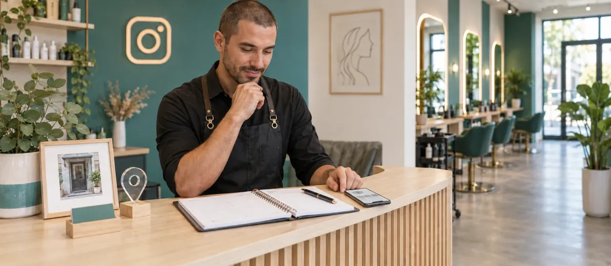 Salon resepsiyonunda telefon ve randevu defterini kontrol eden kişi ile konum simgesi.