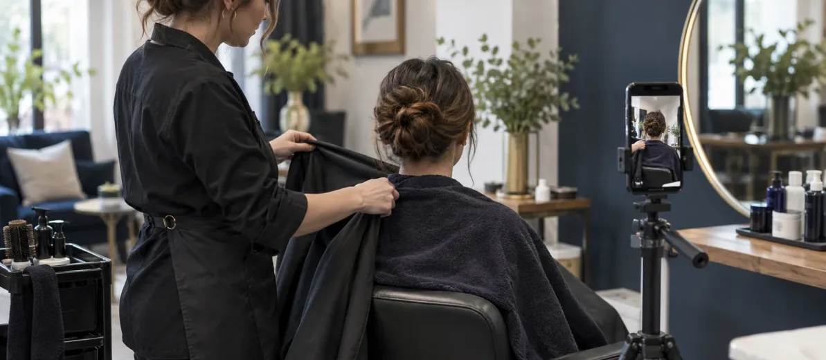Müşterinin yüzü görünmeden başının arkasını telefonla çeken salon çalışanı.
