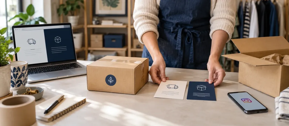 Paketleme masasında gönderim ve kutu simgeli bilgi kartlarını düzenleyen eller.