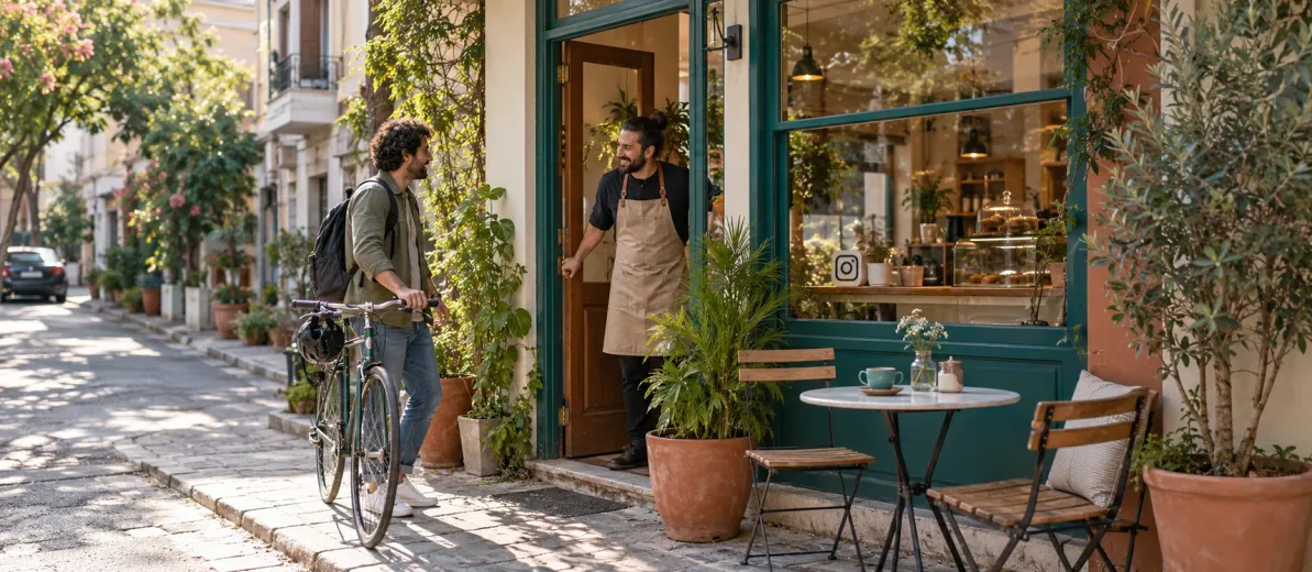 Mahalle kafesinin kapısında bisikletli bir ziyaretçiyle konuşan kafe çalışanı.