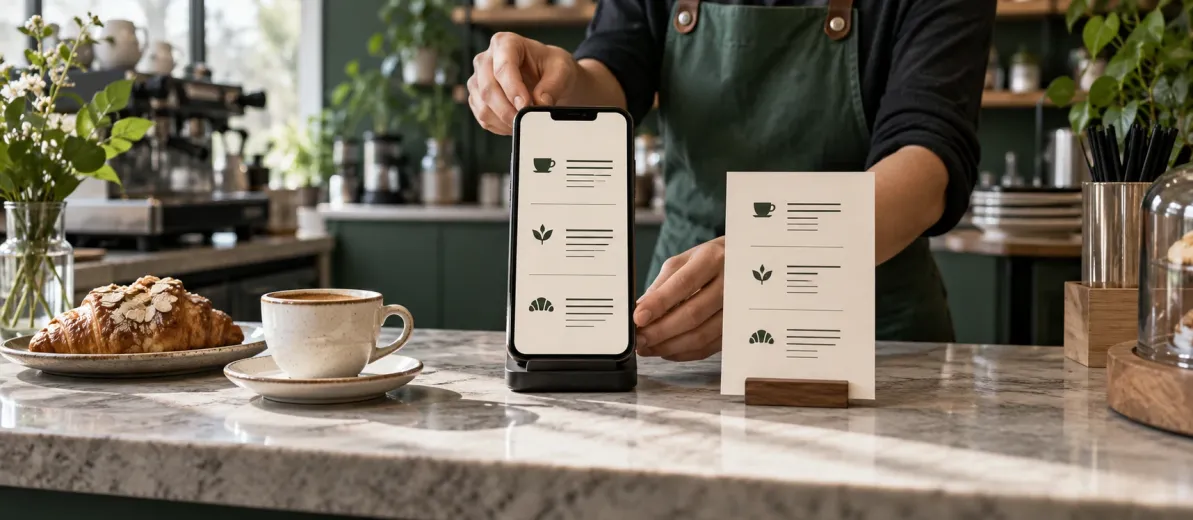 Kafe menüsünün sade bölümlerini telefon ve kağıt üzerinde gösteren tezgah düzeni.