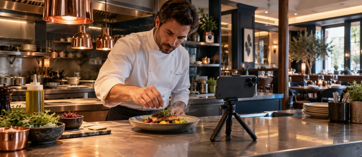 Boş restoranın servis alanında tabağı hazırlayan şef ve masadaki çekim telefonu.