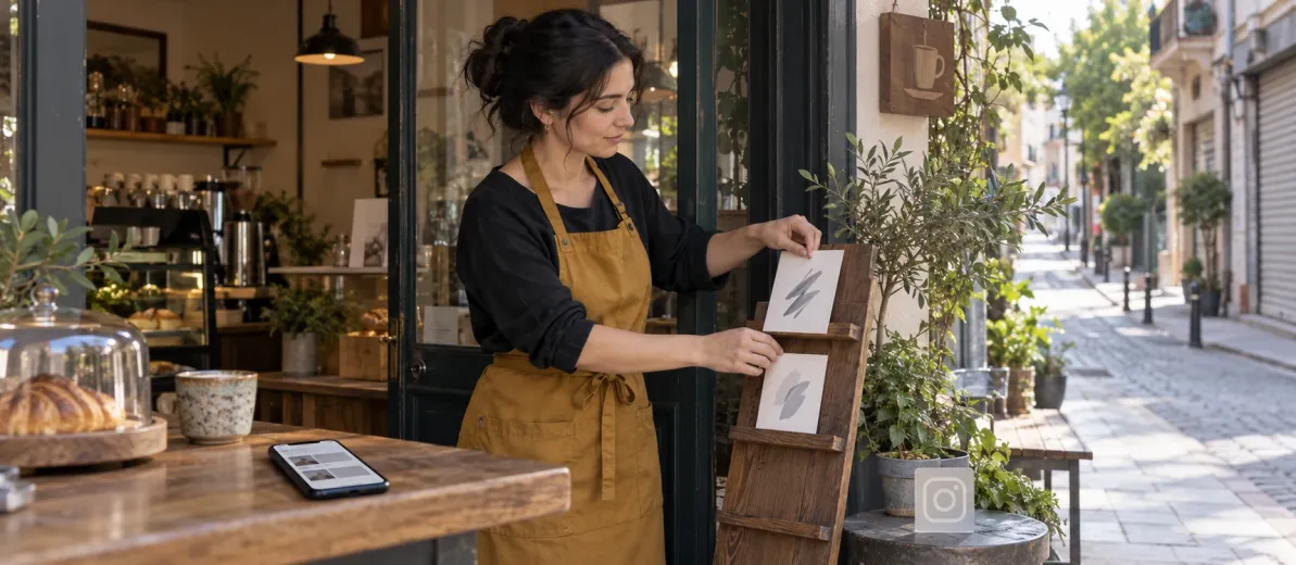 Kafenin girişindeki bilgi kartlarını değiştiren işletme sahibi.