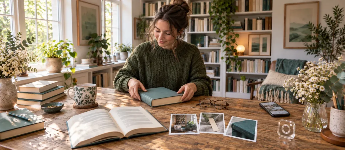 Kitap, ayraç ve okuma köşesi fotoğraflarını inceleyen kitap içerik üreticisi.