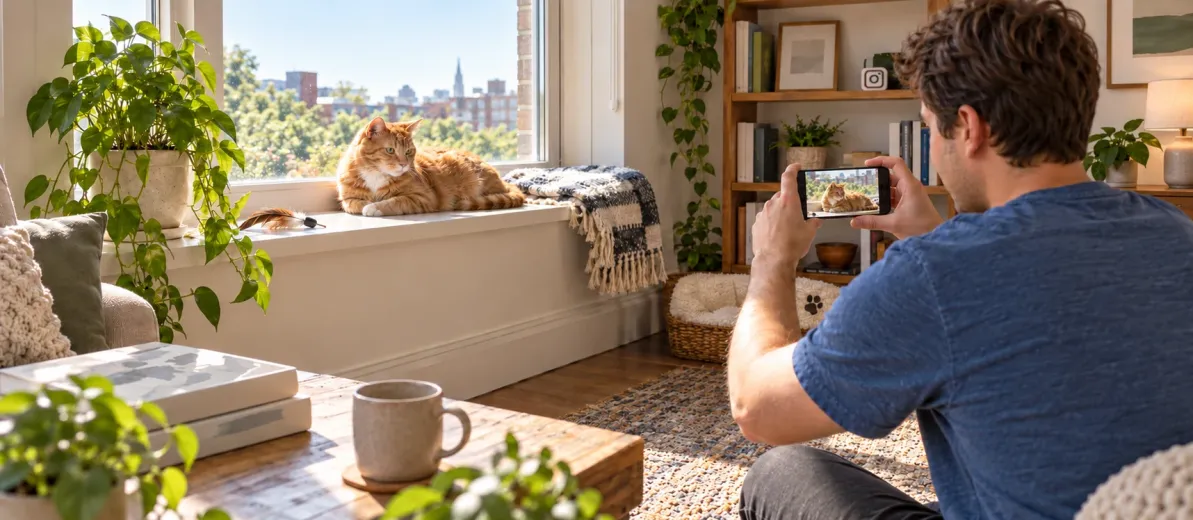 Pencere kenarında dinlenen sarı kediyi telefonuyla fotoğraflayan evcil hayvan sahibi.