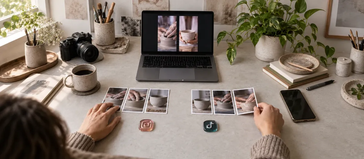 Aynı seramik çekiminin fotoğraflarını Instagram ve TikTok için iki farklı sıraya yerleştiren eller.