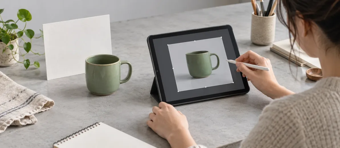 Yeşil seramik kupanın yanındaki tablette aynı kupanın fotoğrafını kalemle düzenleyen kişi.