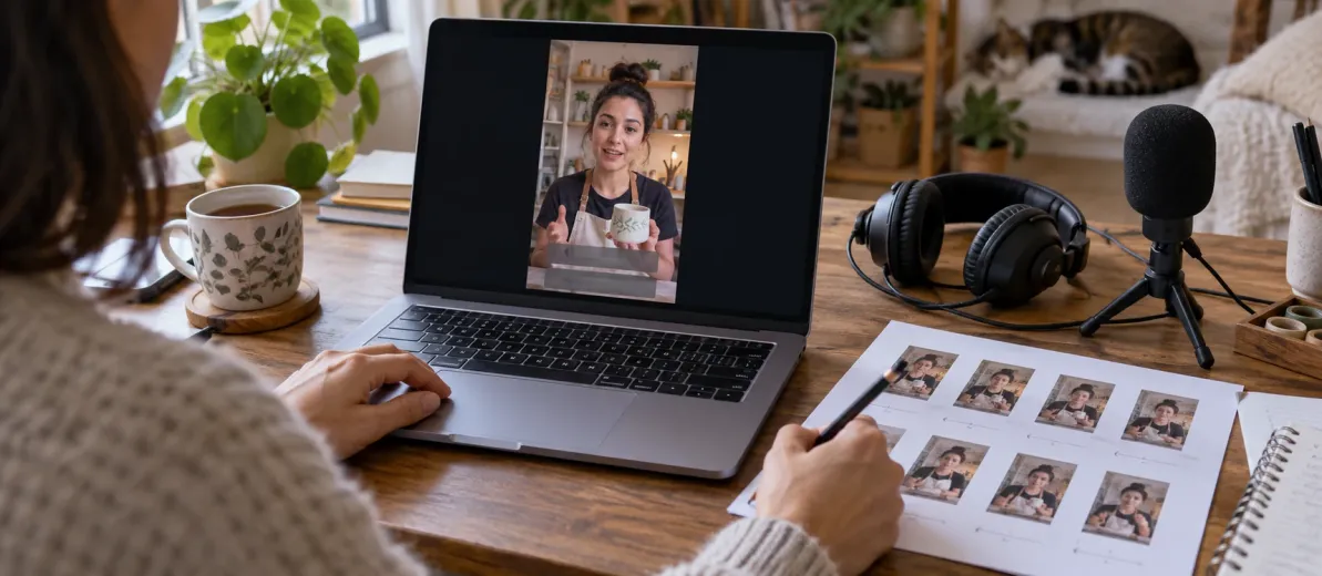 Dizüstü bilgisayardaki dikey konuşma videosunu kulaklık, mikrofon ve küçük sahne fotoğraflarıyla kontrol eden kişi.