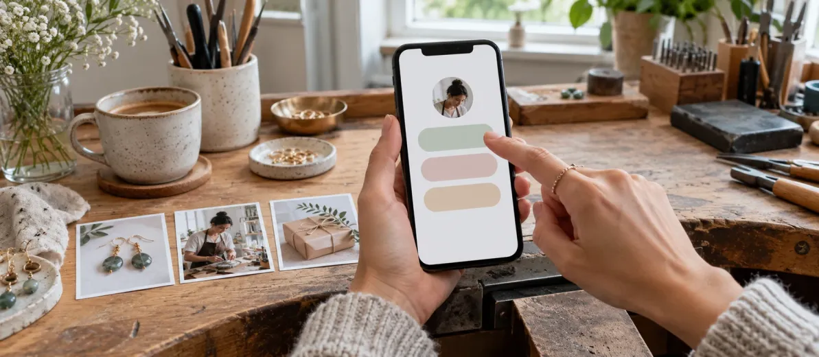 Takı atölyesinde üç bağlantı alanı görünen telefonu tutan eller ve masadaki ürün, atölye ve paket fotoğrafları.