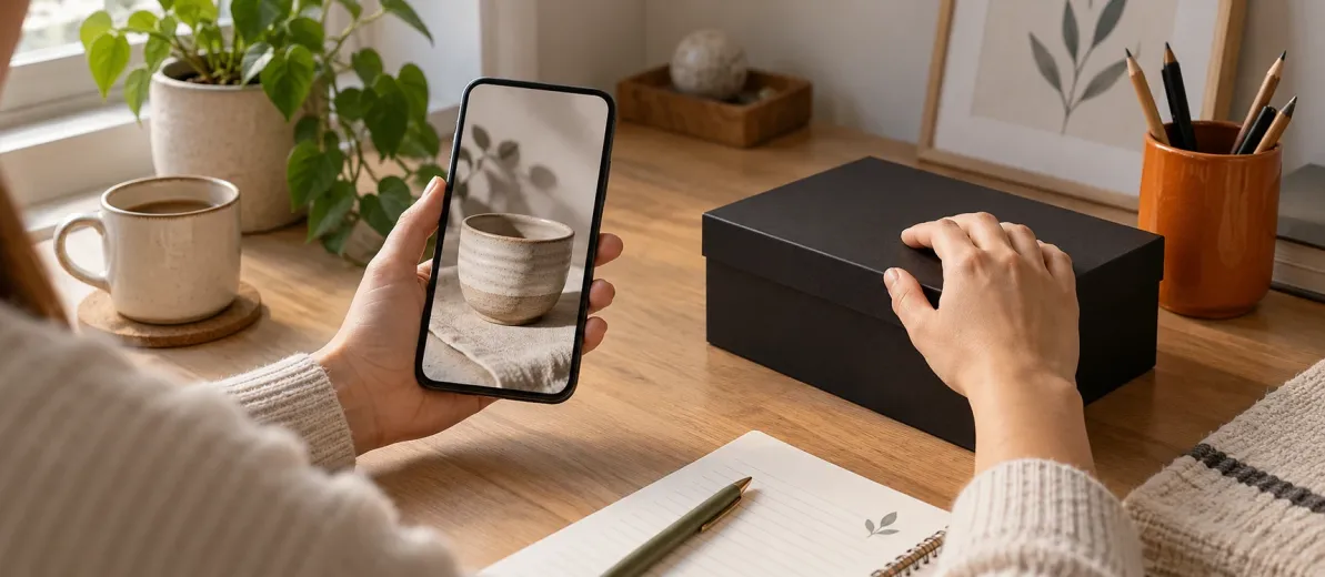 Telefondaki seramik fotoğrafını incelerken kapalı siyah kutunun üzerine elini koyan kişi.
