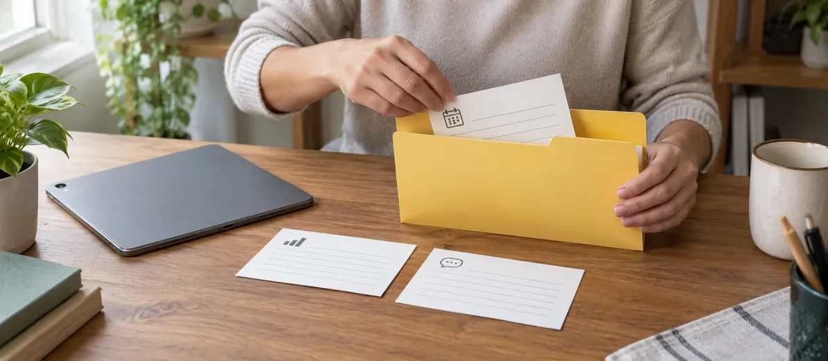 Üç ayrı kayıt kartını gri tabletin yanında sarı dosyaya yerleştiren eller.
