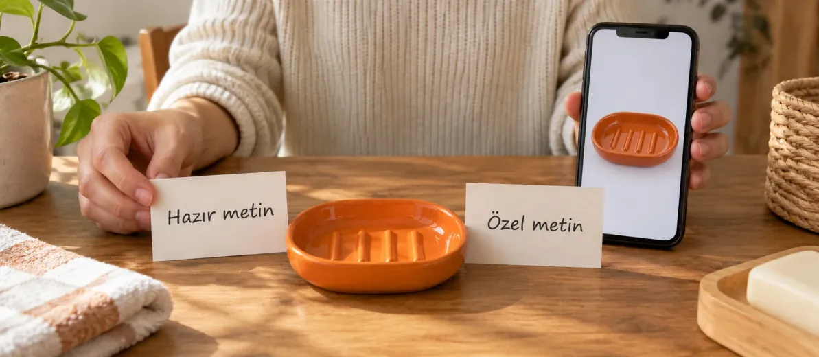 Turuncu seramik sabunluğun yanında Hazır metin ve Özel metin kartlarını karşılaştıran kişinin elleri.