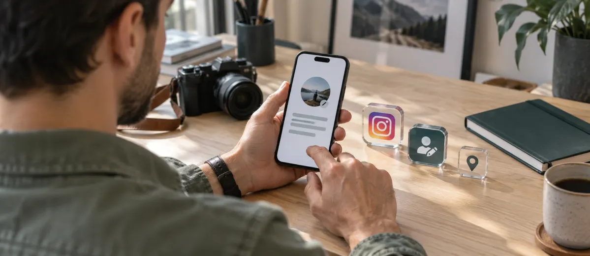 Telefonunda profil açıklamasını düzenleyen kişi ve yanında Instagram, profil düzenleme ve konum simgeleri.