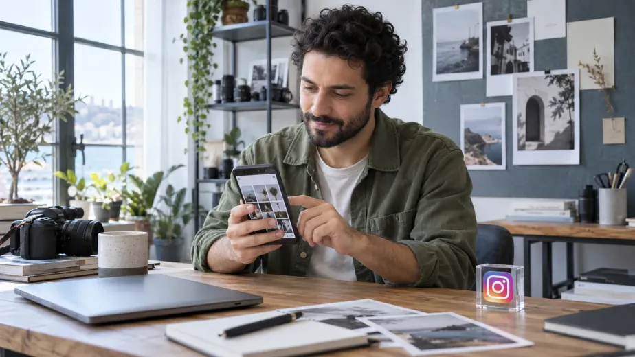 Atölyesinde fotoğraf örnekleri ve telefonundaki profil düzenini inceleyen bir fotoğrafçı.