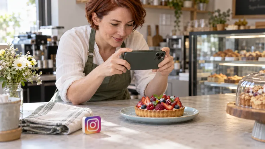 Hazırladığı meyveli tartı telefonuyla fotoğraflayan bir fırıncı ve küçük Instagram simgesi.
