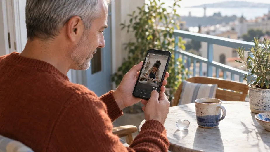 Balkonda seramik kupa fotoğrafını telefonundan inceleyen bir kişi ve küçük kalp simgesi.