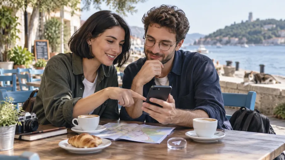 Sahil kafesinde gezi planını telefon ve fotoğraflar üzerinden birlikte inceleyen iki kişi.