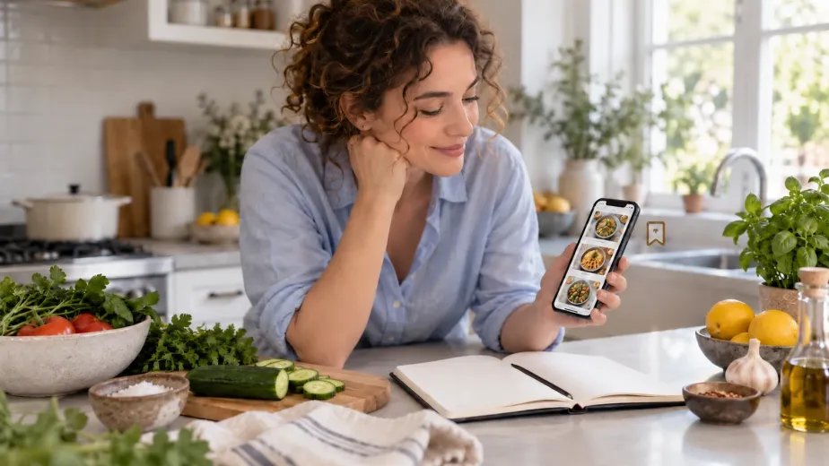 Mutfakta telefonundaki yemek fotoğraflarına bakan bir kişi ve kaydetmeyi anlatan ayraç simgesi.