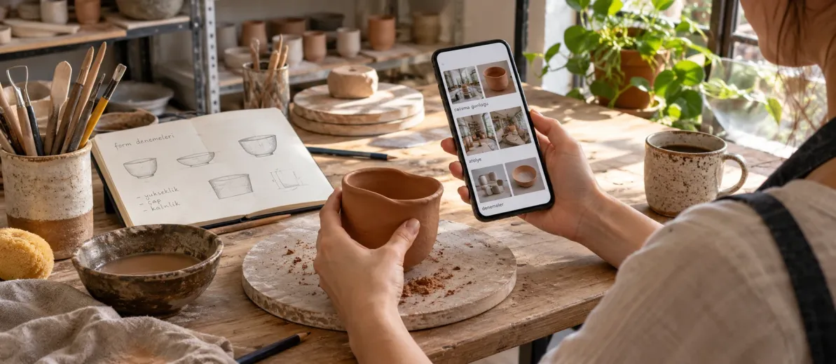 Terrakota seramik parçasını çalışma günlüğündeki ürün fotoğraflarıyla karşılaştıran üretici
